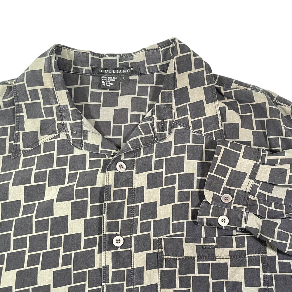 Tulliano Large‎ Pure Silk Button Down Shirt Geometric Dark Academia Retro